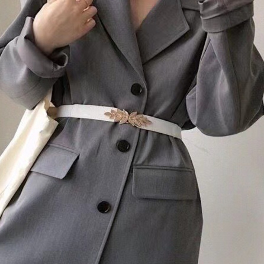 2/$30 White Elastic PU Leather Stretch Belt Gold Leaves Buckle For Coats Dresses